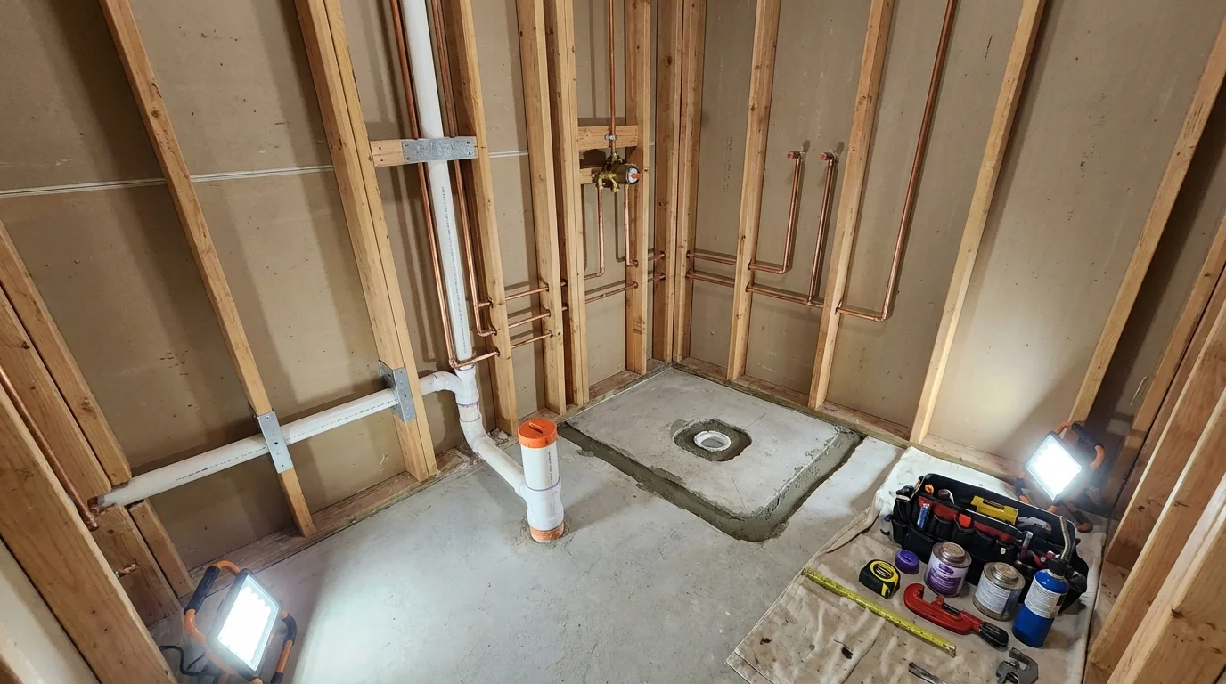 Bathroom rough-in plumbing during remodel by Johns Plumbing LLC in Kirbyville