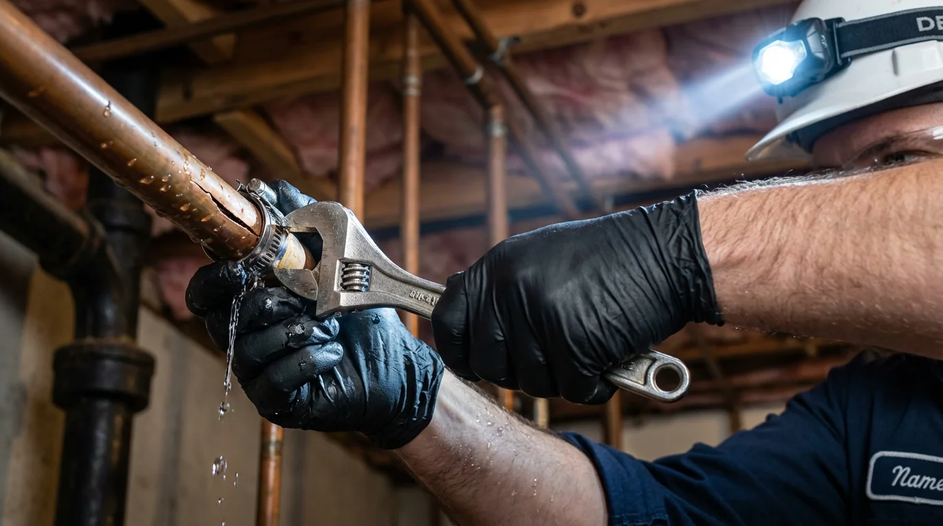 Emergency pipe clamp repair being performed by a Johns Plumbing LLC plumber in Kirbyville