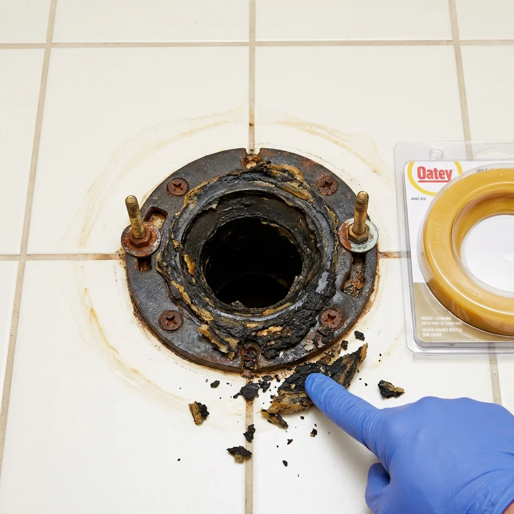 Failed wax ring showing water seepage at the base of a toilet in a Kirbyville, TX home