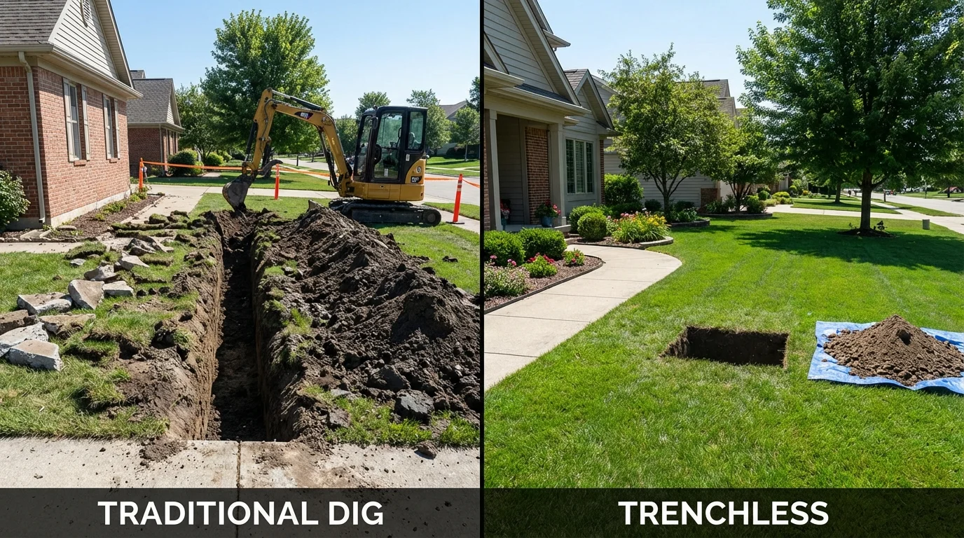 Trenchless sewer repair with minimal yard damage versus traditional excavation in Kirbyville, TX