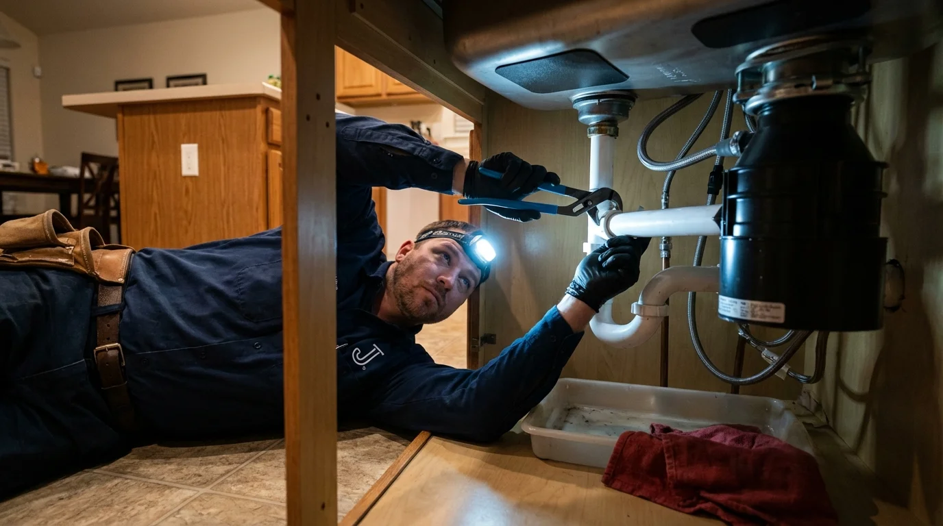 P-trap and supply line connections under a kitchen sink showing a common leak point in Kirbyville, TX